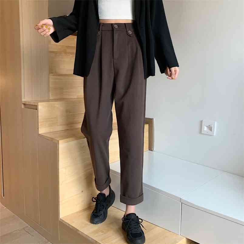 Arrival Korea Fashion Autumn Women High Waist Loose Woolen Pants All-matched Casual Black Harem Femme Trausers V20 210512