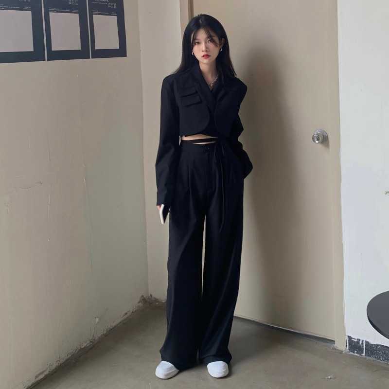 Fashion Casual Style Women Suit Autumn Black Street Suit Short Small Jacket Coat Sweet Elegant Lady Girl Pant Suit 211007