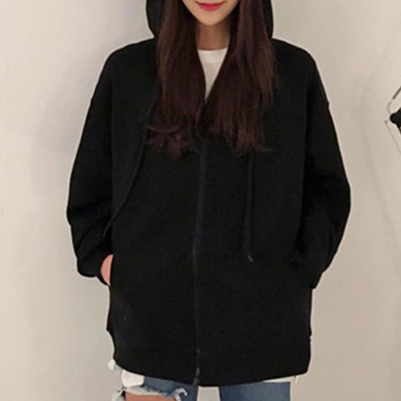 Women Korean pop Solid Zipper Up Hoodies Boyfriend Style Loose Coat Autumn Jackets Plus Size Outwear Fashion 210428