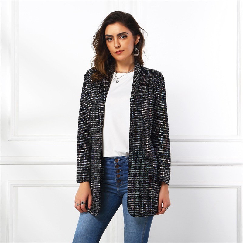 Women Blazer Single Button Long Sleeve Ladies Black Coat Sequined Stitching Women's Slim Suit Jacket Autumn Winter 210524