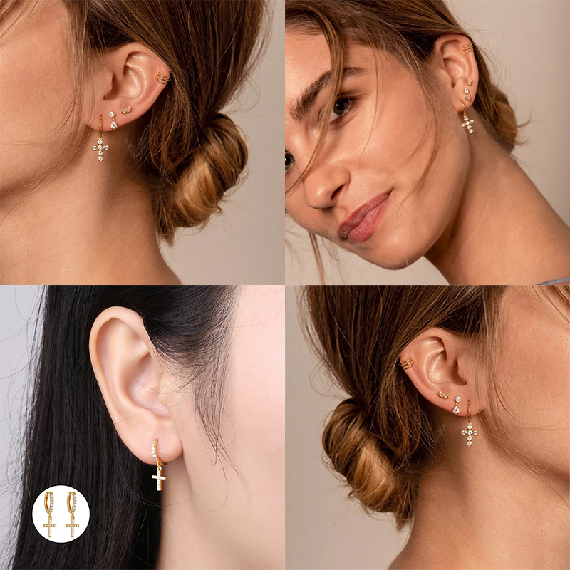 Pendant Charm Hoop Earrings Cross Band Crystal Zircon Sparkle Jewelry Gold Silver For Women Luxury Fashion Party Gift
