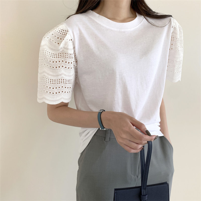 Stylish Loose All Match Patchwork Lace Summer Sweet Chic Gentle Casual Slim Lady OL Short Sleeves T-shirts 210421