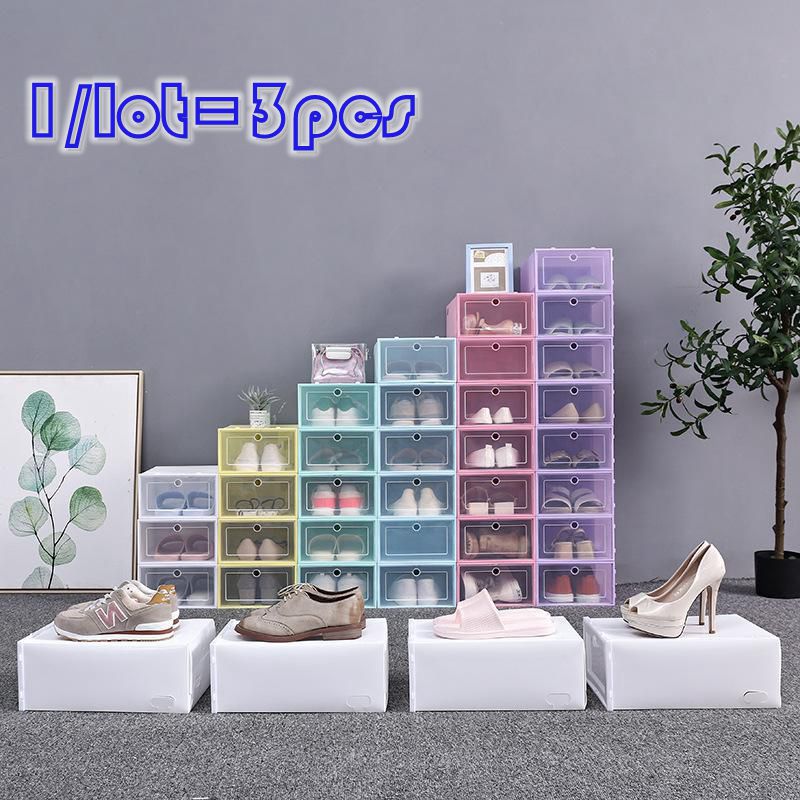 3 Pack Clear Plastic Shoe Box Dustproof Sneaker Storage Organizer Flip Transparent High Heels Boxes Candy Color Stackable Shoes Containers Case VT1017