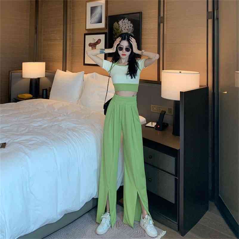 Summer Split Wide Leg Straight Pants +Short Sleeve Tee 2 Pieces High Waist Casual Streetwear Trouser Sets Women Fashion Suits 210510