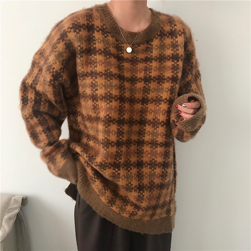 Lazy Style Plaid Women Office Lady Thicken Fashion Geometric Tops Arrival OL All Match Elegant Knitted Sweaters 210421