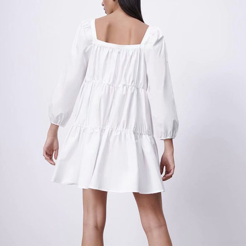 Women Summer Sweet Poplin Mini Dress Tops White Lantern Wrist Sleeve Pullover Short Ladies BB1177 210513