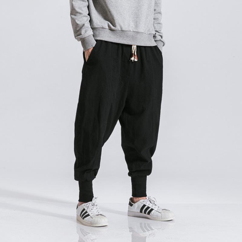 Cotton Harem Pants Men Solid Elastic Waist Streetwear Joggers 2021 Baggy Drop-crotch Casual Trousers Drop Men's
