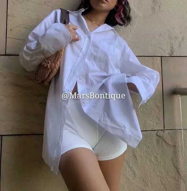 Loose Oversize Solid Simple Turn Down Collar Casual All Match White Shirts Women 210615Z