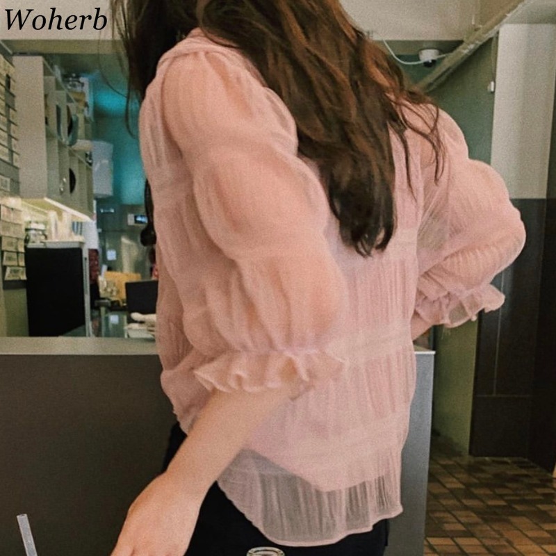 Elegant Thin Chiffon Blouse Women Summer See Through Top Pleated Transparent Puff Sleeve Shirt Casual Tops Blusas 210519