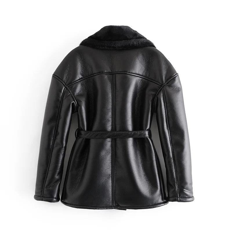 Winter coat women thick black PU leather jacket long sleeve faux fur Jacket Punk belt motorcycle 210521