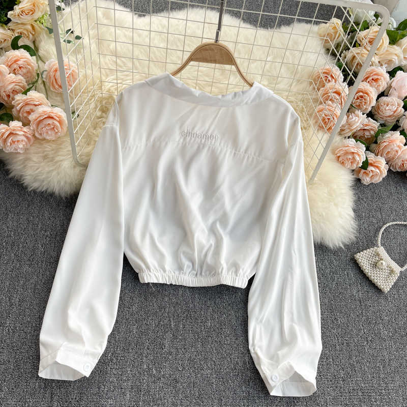 Women Fashion White Shirt Lapel Long Sleeve Knot High Waist Pure Short Tops Female Korean Vintage Clothing Blouse R643 210527