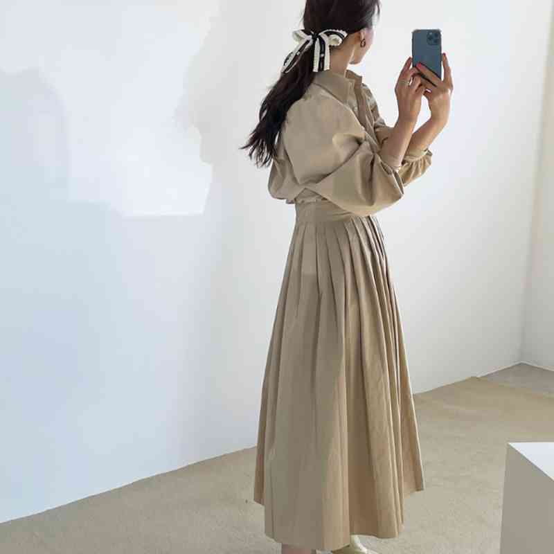 Elegant Solid Pleated Women Dresses Vintage Chic Slim Waist Turn Down Collar Femme Robe Puff Sleeve Vestidos 28177 210519