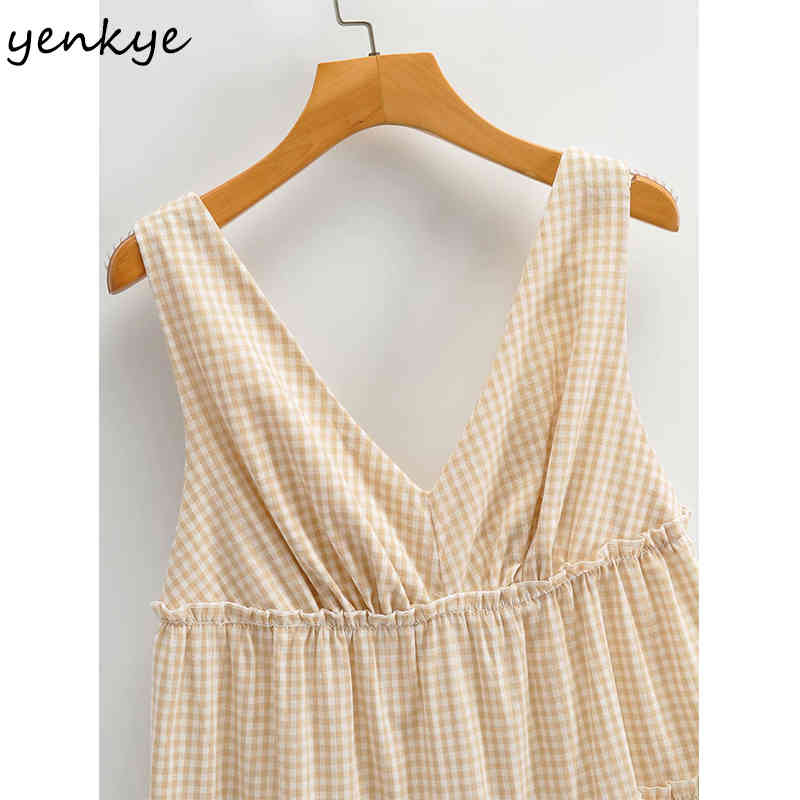 YENKYE Vintage Plaid Dress Women V Neck Sleeveless Tank Summer Casual Dress Female Short Vestido 210515