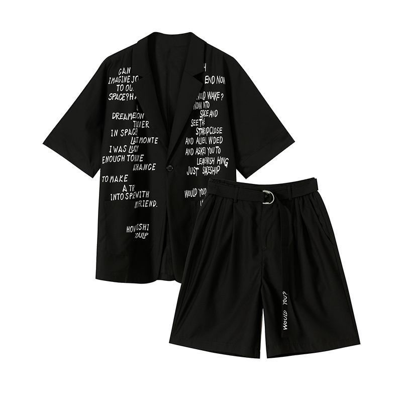 IEFB Men's Trend Two Pieces Set Summer Ins Short Sleeve Letter Print Blazer + Elastic Loose Shorts Suit With Belt 9Y5993 210524