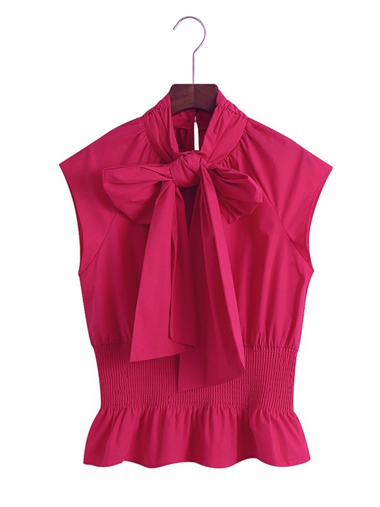 Women pink Summer Shirts Sleeveless Solid Bow Collar Elegant Office Ladies Tunic Blouses 6Z75 210416