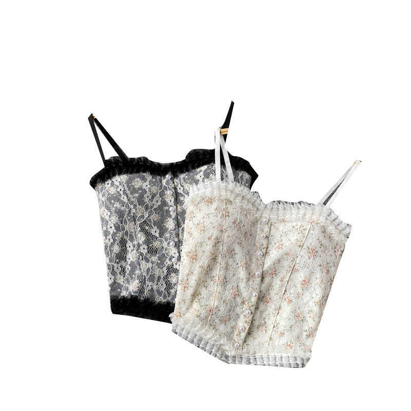 DEAT Women Lace Ruffles Pleated Printing Camis Arrivals Sexy Temperament Fashion Spring Summer 11D2011 210709