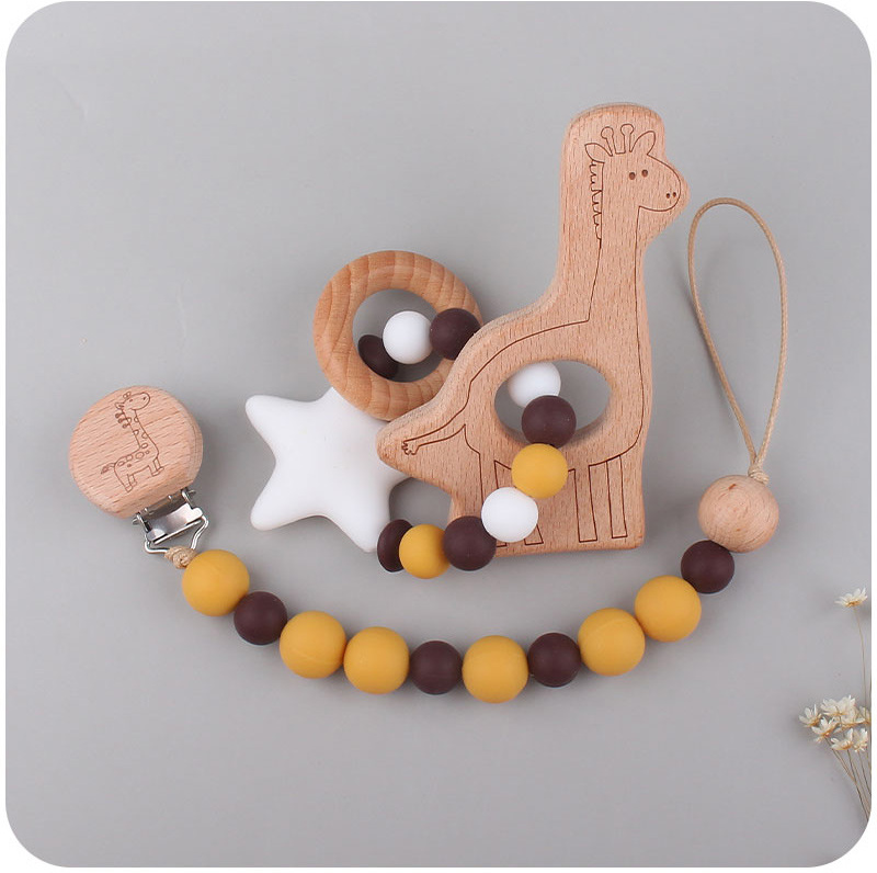 INS baby Safty Wooden Soothers & Teethers Unicorn Elephant Shape Beads Ball Design Health Care Teething Training Infant Pacifier Anti-Drop Chain Set O