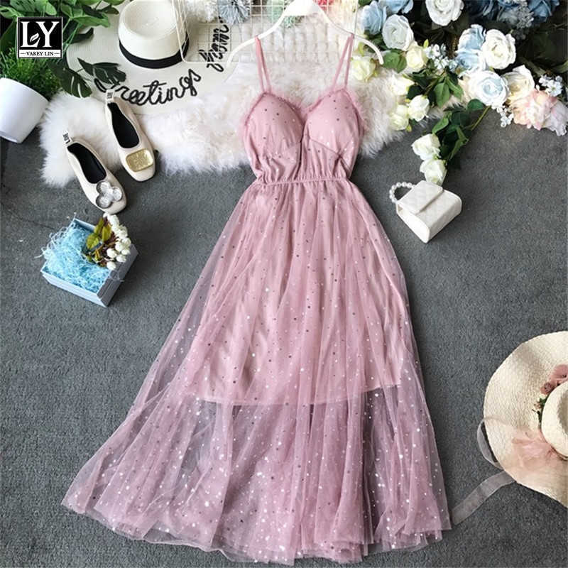 LY VAREY LIN women summer Stars V-neck Sleeveless Vestidos Sexy Dress equined Party Mesh Patchwork Long es 210526