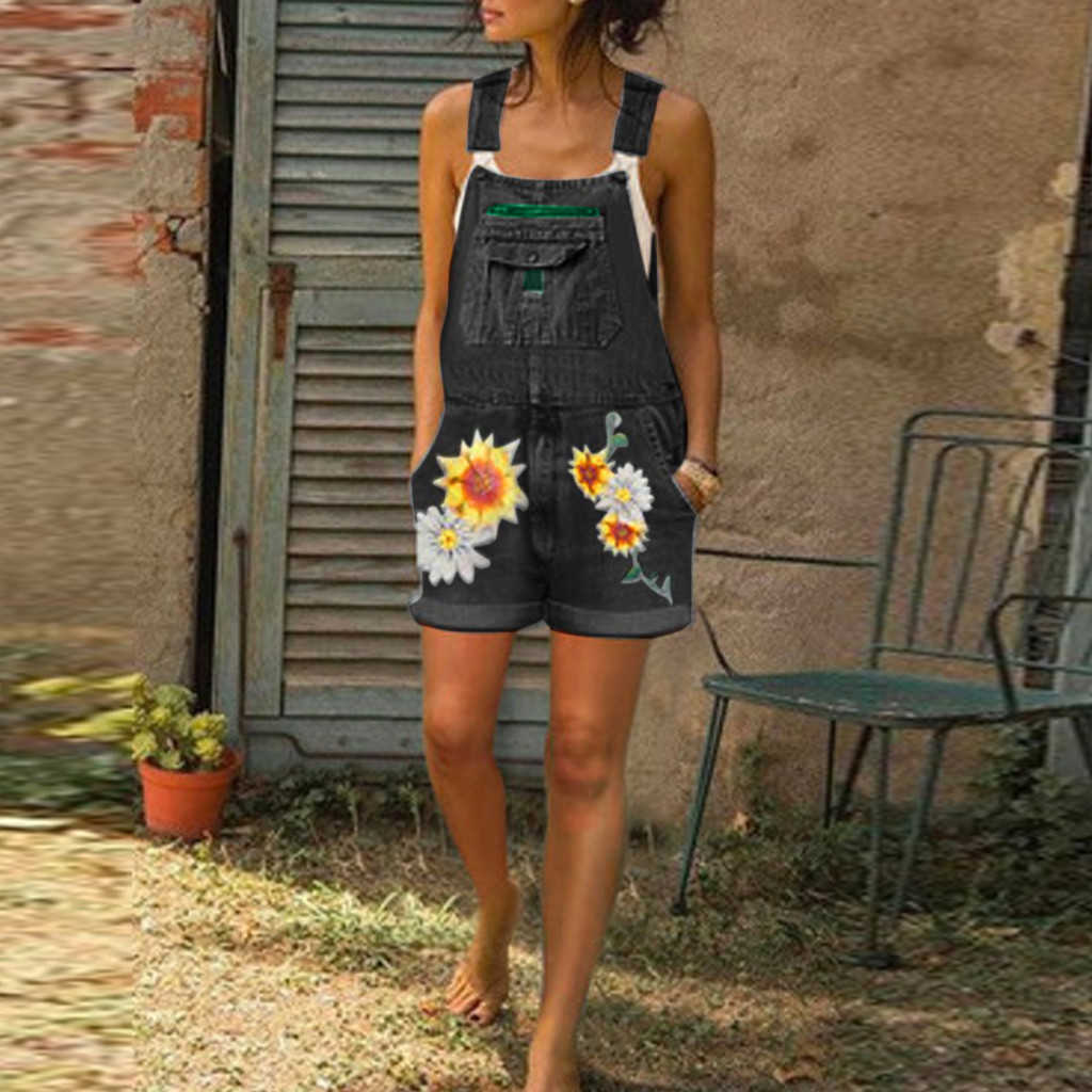 Women Denim Playsuit Sunflower Print High Waist Overalls Summer Fashion Casual Ladies Pocket Plus Size Jeans Shorts 210809