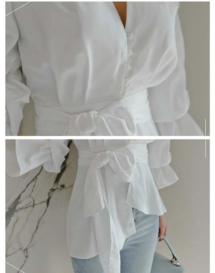 Long sleeve Autumn Clothes Women's shirt Sleeve irregular Blouse Shirts Cotton V Neck White Bow Women Tops 94H 210420