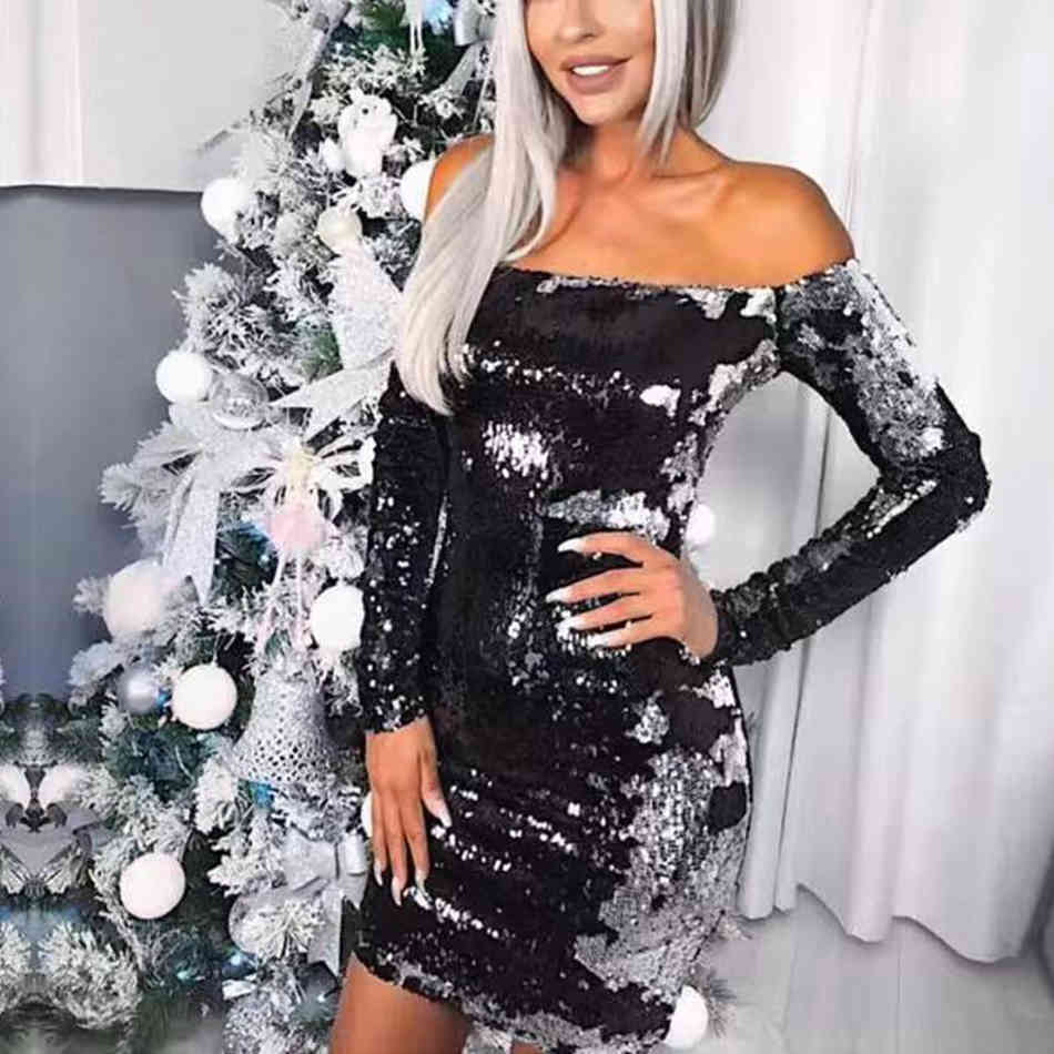 Autumn Sequins Mini Dress Strapless Ladies Halter Long Sleeve Sexy Nightclub Clothing Fashion Bodycon Back Zip 210524