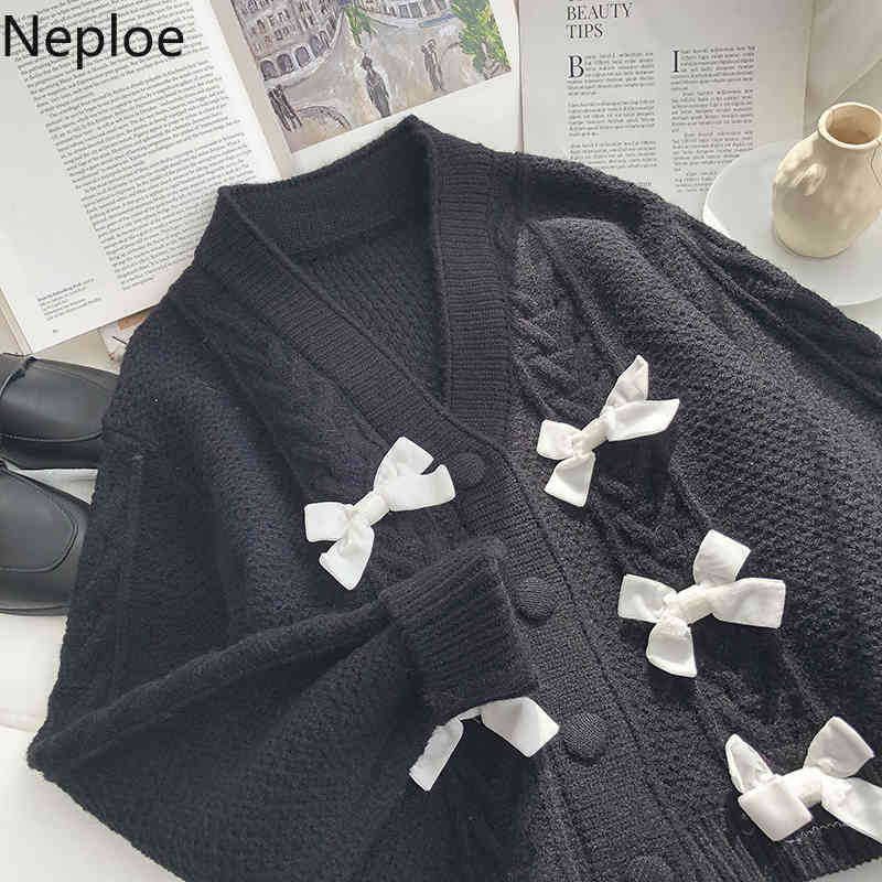 Neploe Spring Sweaters Women Sweet Bow Knitwear Cardigan Female V-neck Single Breasted Knit Short Red Coat Sueter Mujer 4H396 210422