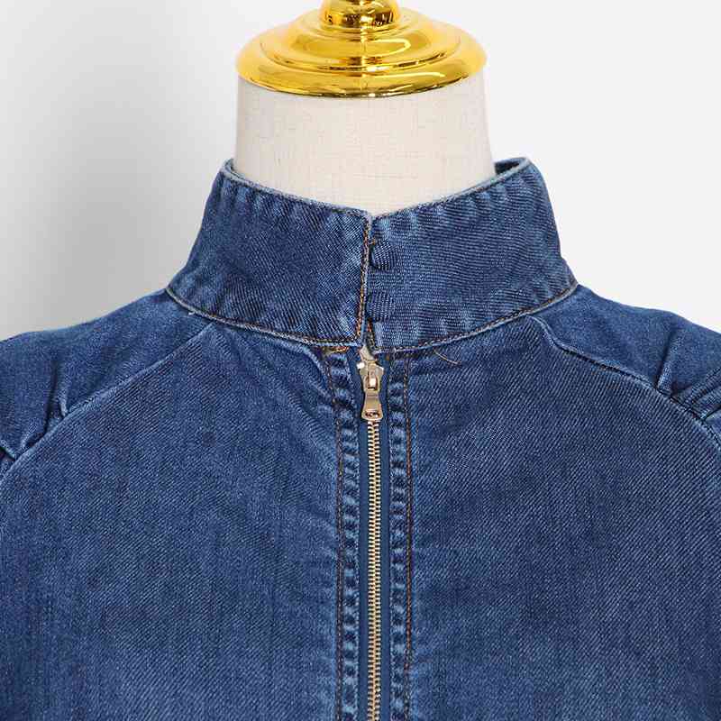 VGH Casual Denim Short Shirt For Women Stand Collar Puff Sleeve Solid Minimalist Blouse Female Fall Fashion New Clothing 210421