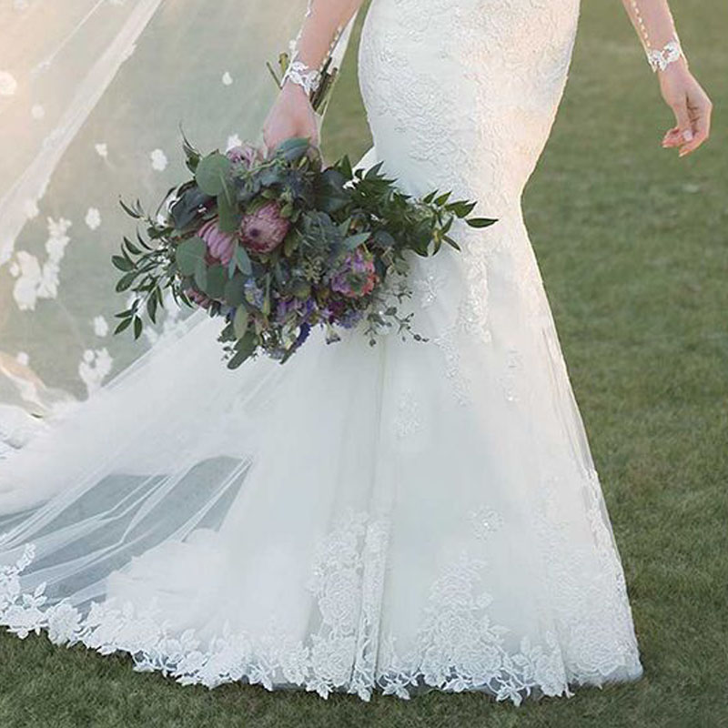 Eye Catching Mermaid Wedding Dress Sheer with Applique Long Sleeves Bridal Gowns Lace-up Back