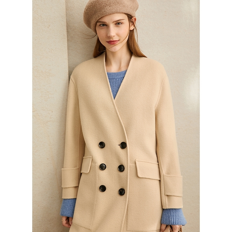 Vintage Double Woolen Coat Autumn Winter Women V-neck breasted Solid Loose Female Mid Long Jackets 11940487 210527