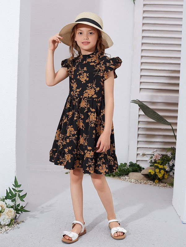 Girls Mock Neck Butterfly Sleeve Floral Dress SHE