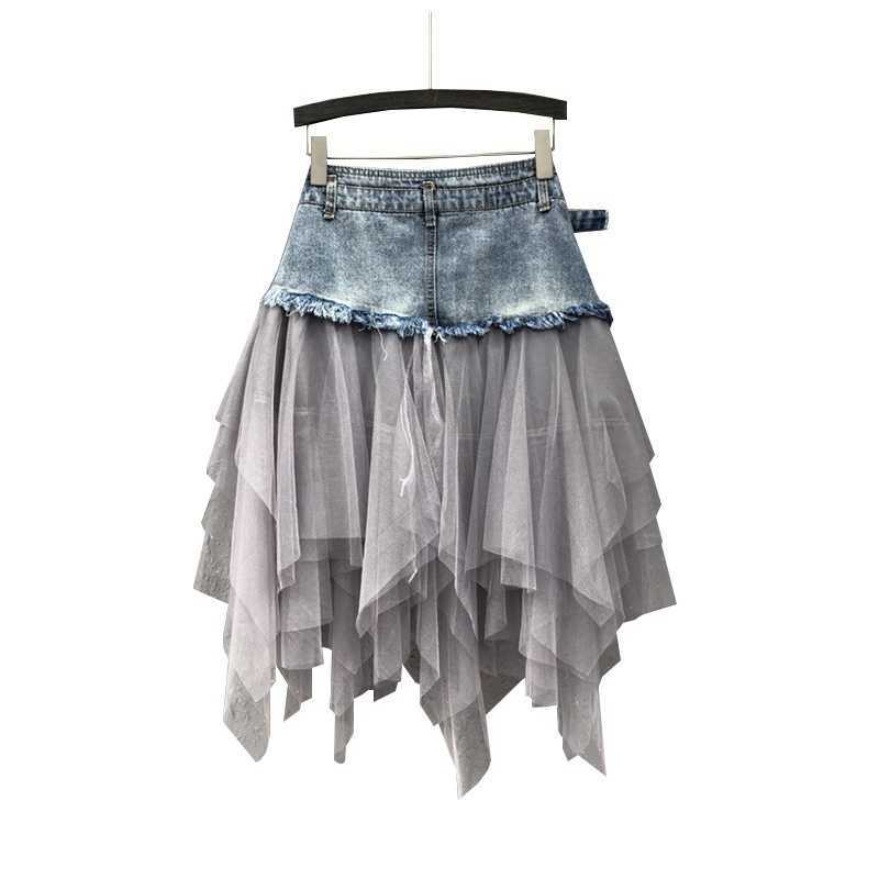 Women Denim Mesh Patchwork Lace Skirt High Waist A Line Asymmetric Frill Tulle Gothic Chic Skirts 210621