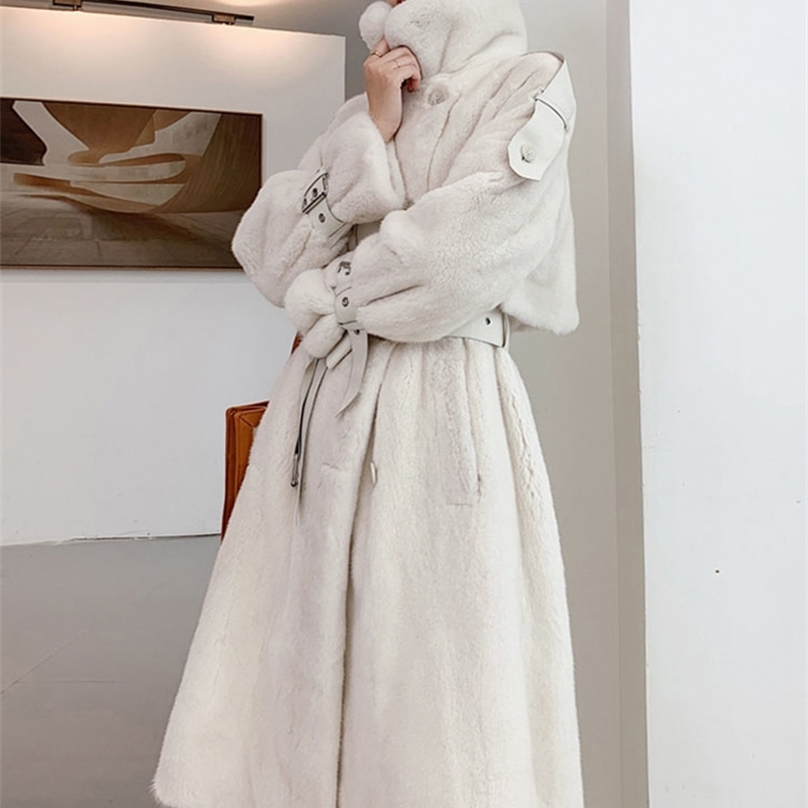 Lautaro Winter Long White Thick Warm Soft Fluffy Faux Mink Fur Trench Coat for Women Double Breasted British Style Fashion 211123