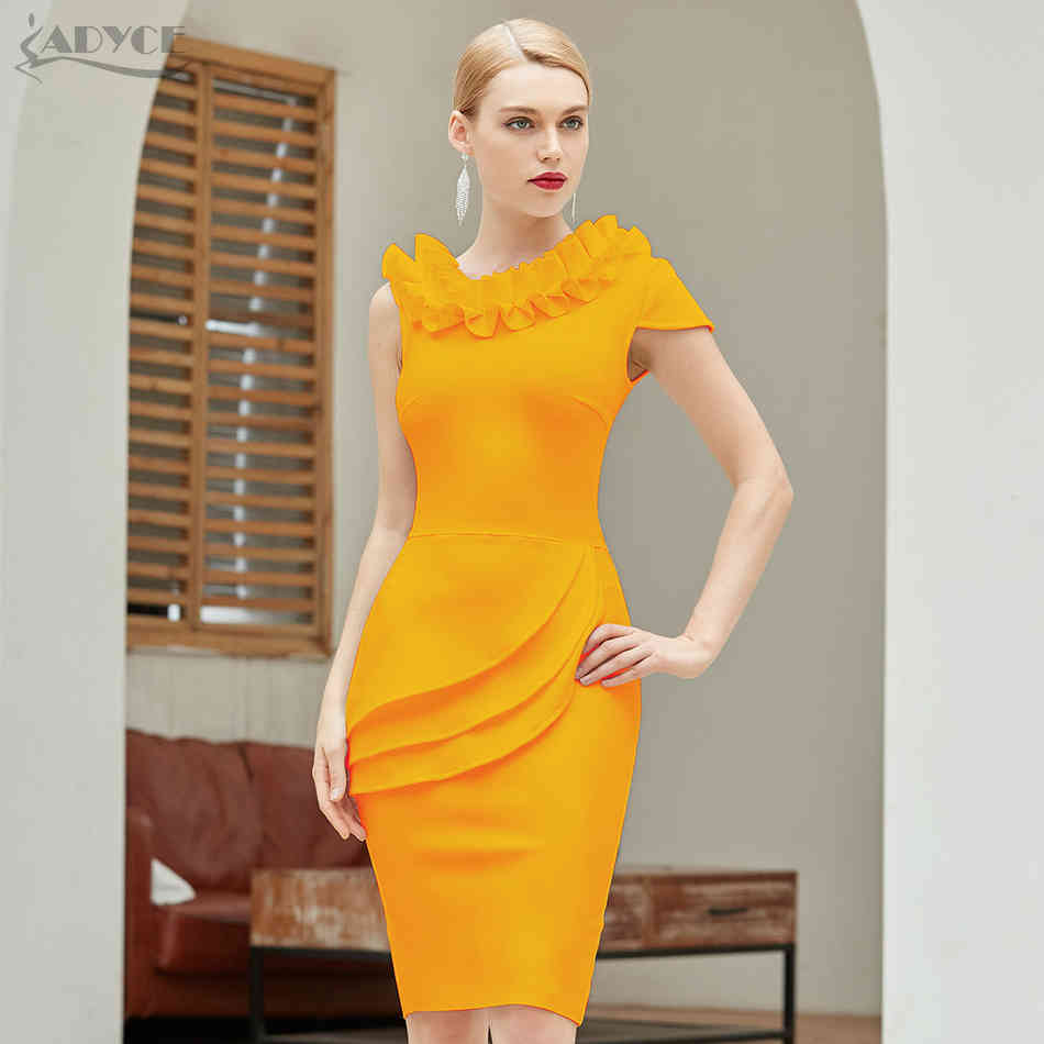 Summer Women Yellow Ruffles Club Bodycon Bandage Dress Sexy Sleeveless Celebrity Runway Party Dresses Vestidos 210423