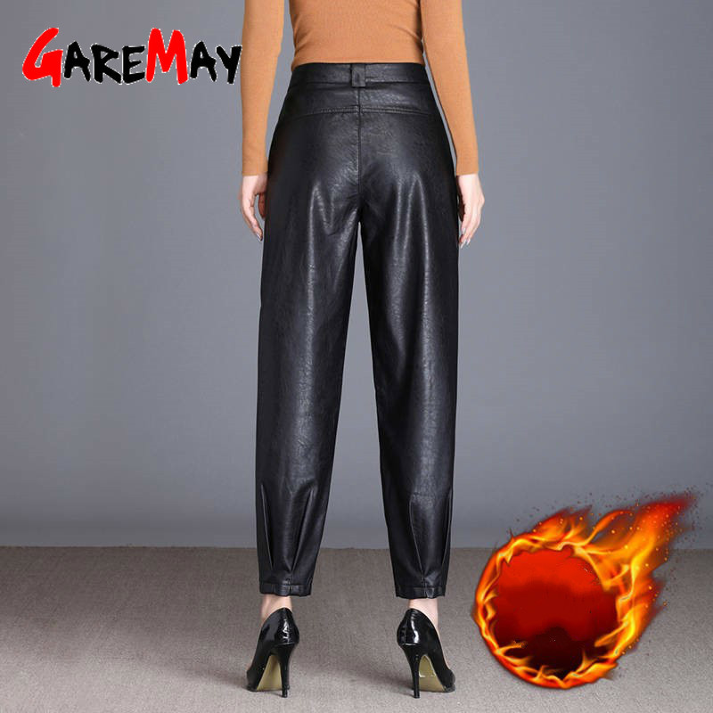 Women Black Faux Leather Suit Pants High Waist Pockets Fashion Lady Warm Pant Office Ladies Pu Trousers 210428