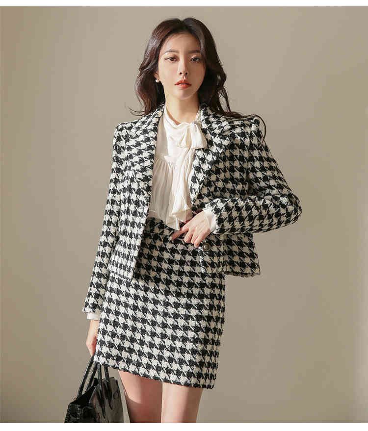 Autumn Two Piece Set Women Office Houndstooth Ladies Long Sleeve Tweed Jacket Coat+ Short Bodycon Skirt Suits 210519