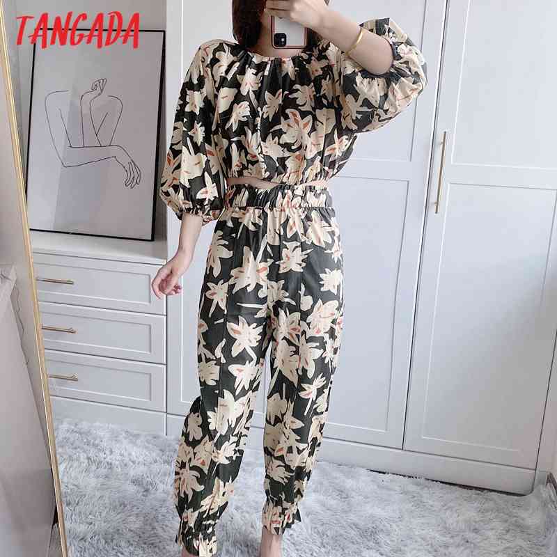Women Green Floral Print Long Trousers Vintage Style Strethy Waist Lady Pants Pantalon 5Z76 210416