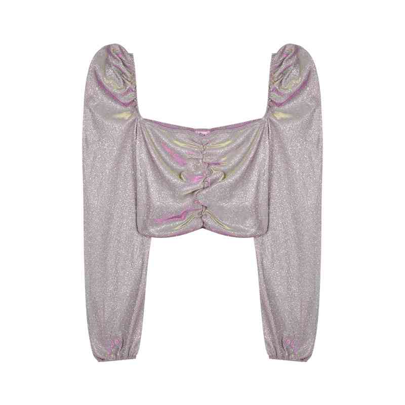 Sexy Party Solid Blusas Korean Pleated Shiny Puff Sleeve Vintage Spring Summer Ropa Mujer Slim Ins Women Blouses 210415