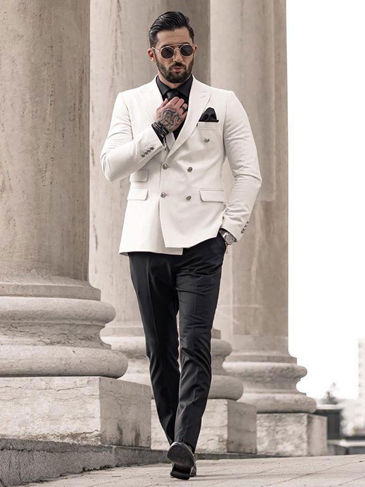 White 2 Pieces Mens Suits Slim Fit Male Tuxedos For Wedding Tailored Blazers Peaked Lapel Groom Wear Double Breasted Prom Jackets With Pants