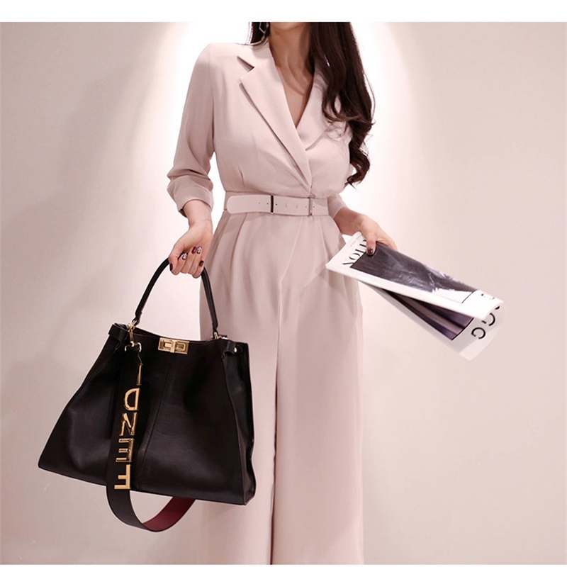 Spring Women Fashion Elegant Office OL Workwear Casual Jumpsuits Long Sleeve Wide Leg Romper With Belt 210519