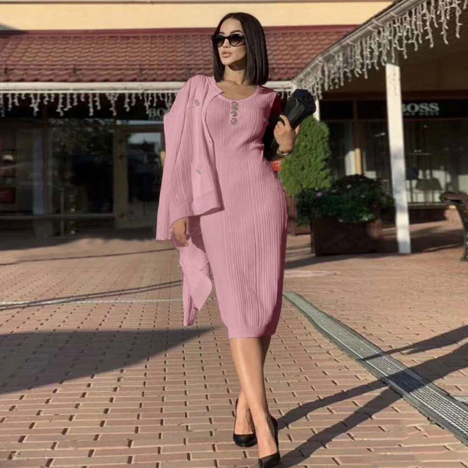 Free Autumn Women's Sweater Knit Dress Two-piece Elegant Jacket & O-neck Sleeveless Bodycon Vestido 210524