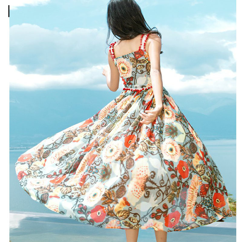 Elengant Flower Print High Waist Spaghetti Midi Dress Party Holiday Style Tassel A-line Long Dresses Vestidos 210421
