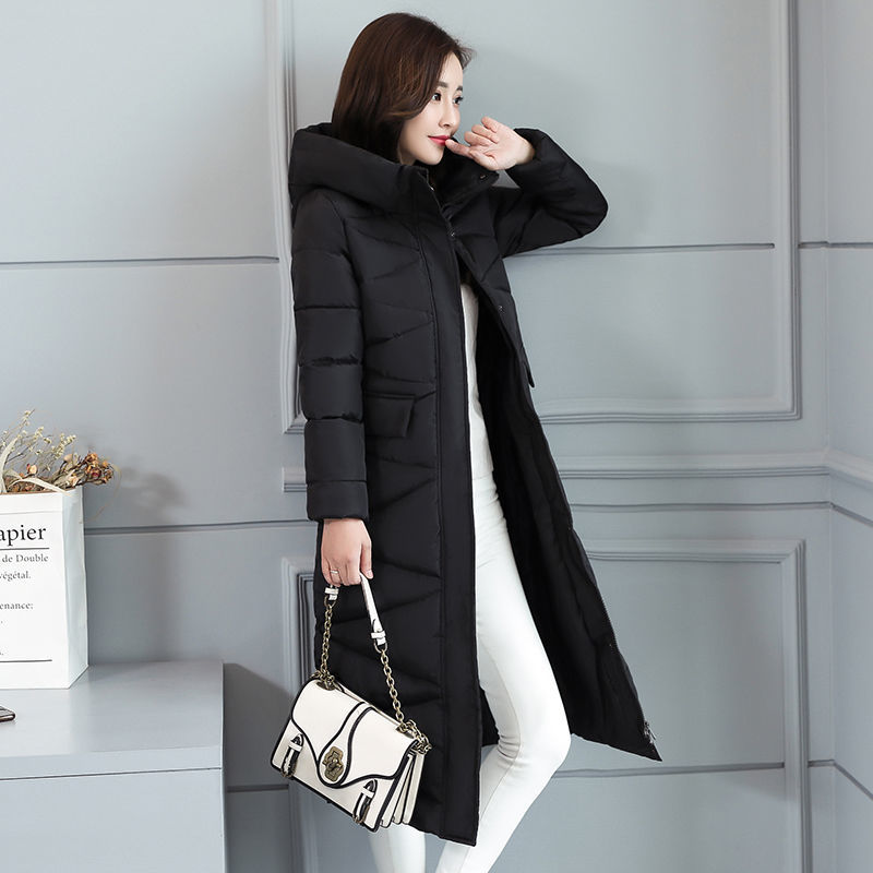 Korea Fashion Women Slim Long Coat Plus Size Hooded Stand Collar Warm Cotton Parkas Winter Thick Jacket Ladies D241 210512
