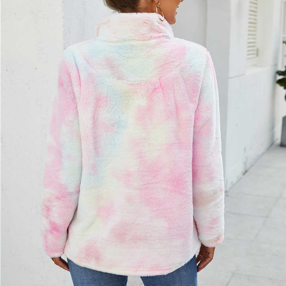 Autumn Winter Zipper Turtleneck Colorful Fleece Hoodies Fashion Rainbow Tie Dye Sweatshirt for Women Oversized Flannel Tops 210910
