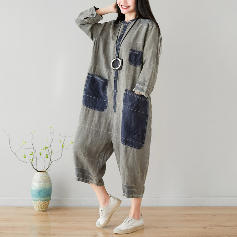 Johnature Safari Style Jumpsuits Calf-length Pants Loose Patchwork Rompers Pockets Cotton Linen Casual Overalls Women Jumpsuit 210521, Gray
Johnature Safari Style Jumpsuits Calf-length Pants Loose Patchwork Rompers Pockets Cotton Linen Casual Overalls Women Jumpsuit 210521, Gray