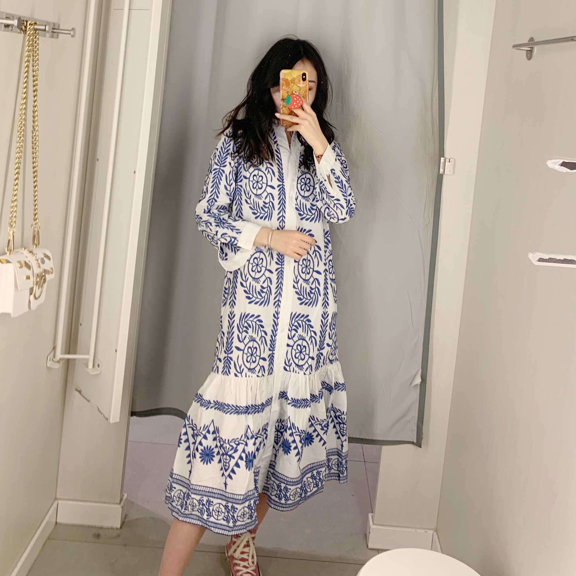 Spring and Summer Fashion Casual Loose Print Long-sleeved Dress Elegant Temperament Comfortable Retro Female 210615Z