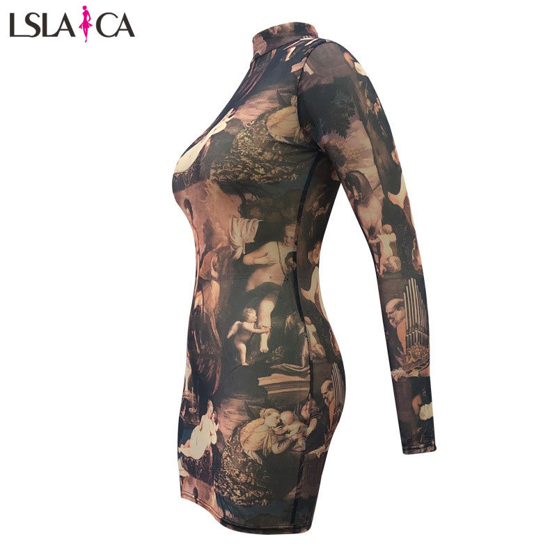 Women's fashion Slim sexy oil painting image printing loose plus size long sleeve dress autumn 210515