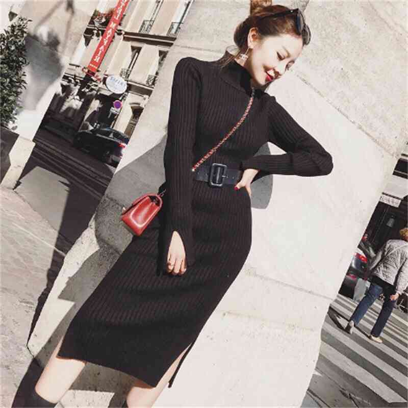 Fall Winter Sweater Dress Women Sexy Side Split Slim Midi Female Turtleneck Long Sleeve Belt Knitted es Vestidos 210526