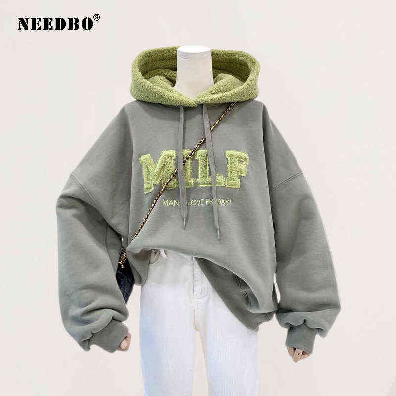 NEEDBO MILF Hoodie's Sweatshirts Letter Print Lamb Wool Pullovers Loose Korean Style Jacket Full Sleeve Casual Tops 211104