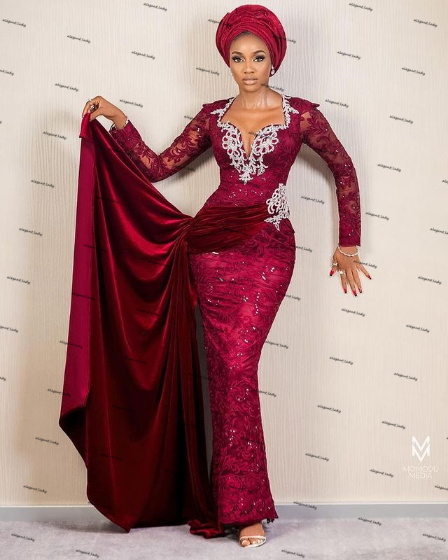 Aso Ebi Burgundy Sparkly Prom Dresses Long Sleeve Sequins Lace Applique African Pleated Ribbon Mermaid Evening Wear Gowns