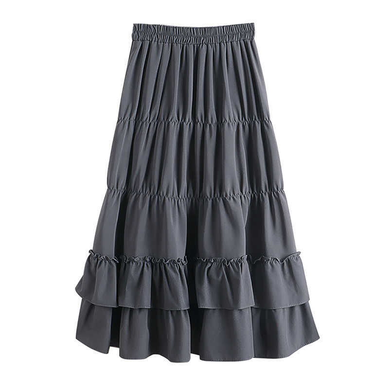 Vintage High Waisted Skirt Women Spring Autumn Teens School Girls Frill Pleated Ruffles Patchwork Long Midi Black Goth Skirts 210619
